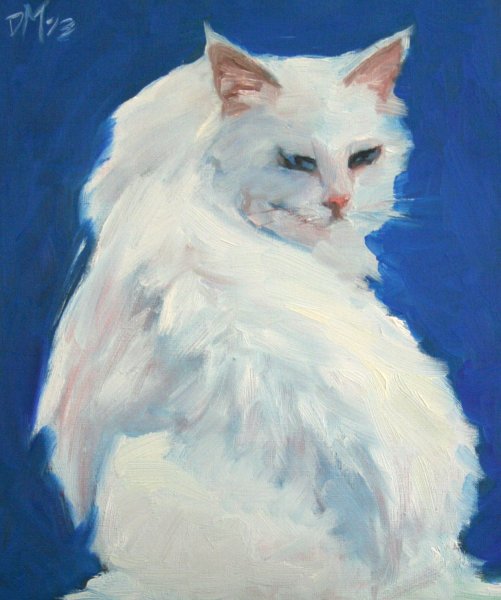 Белый кот акварелью