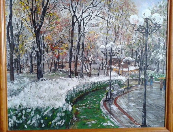 Пейзаж первый снег гуашью