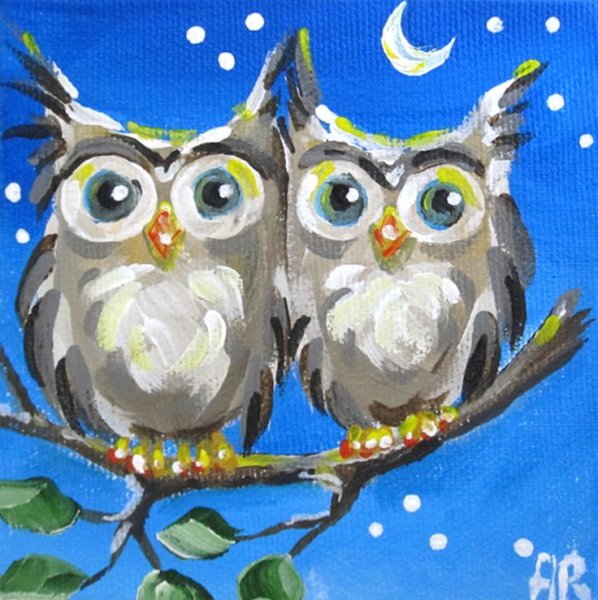 Парочка сов рисунок красками