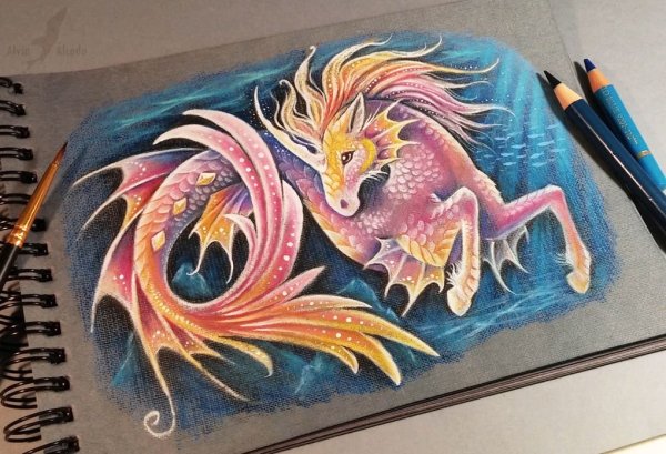 Дракон акварельными карандашами