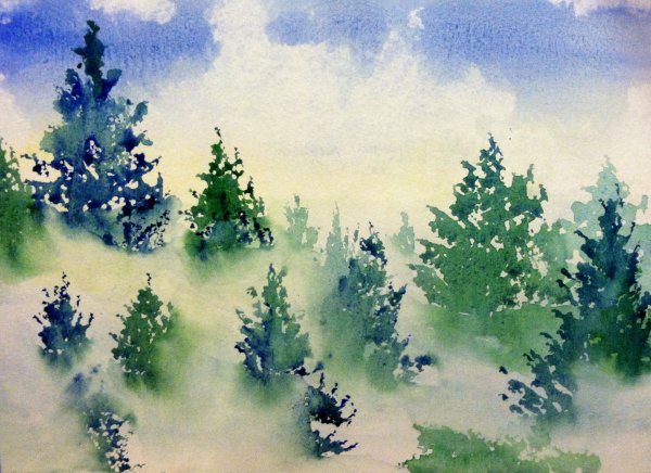 Деревья лес акварелью