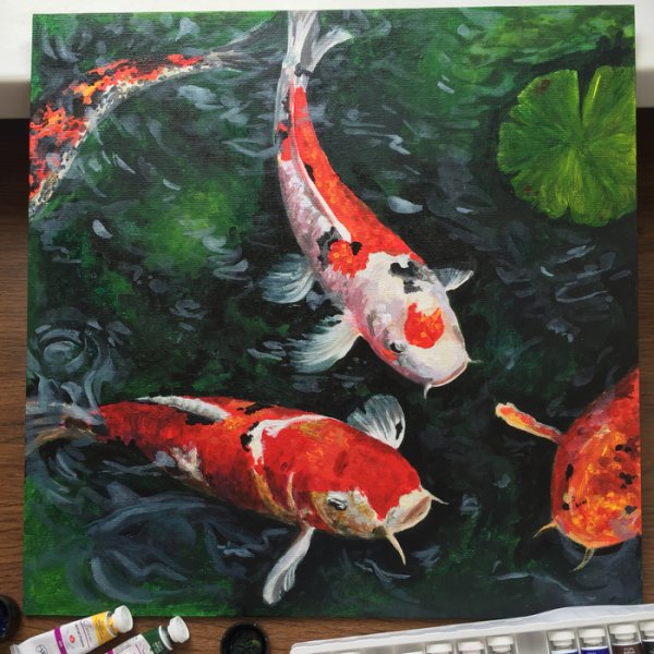 Картина рыбки кои акрилом