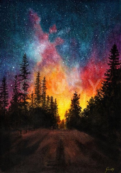 Ночной лес акварелью