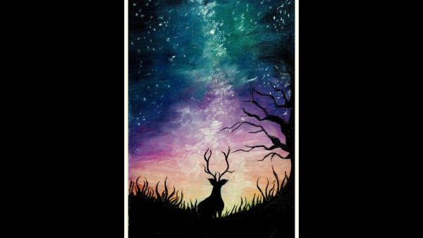 Рисование дерево на фоне ночного неба