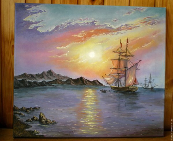 Картина море и корабль с закатом