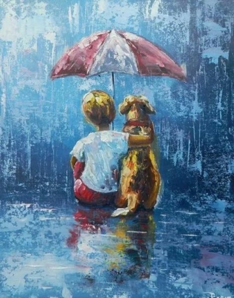 Дети под дождем живопись