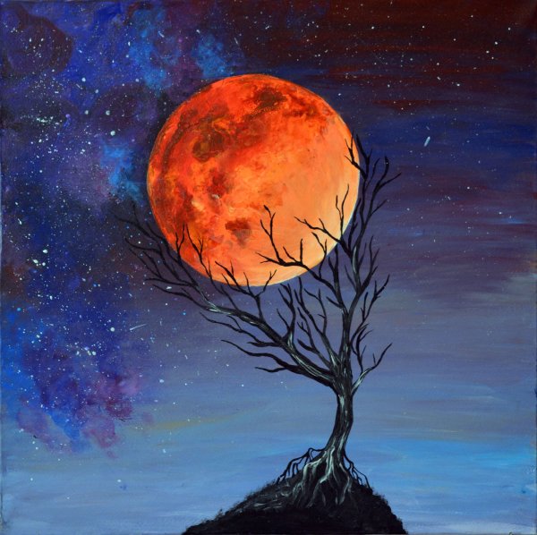 Красная Луна акварель