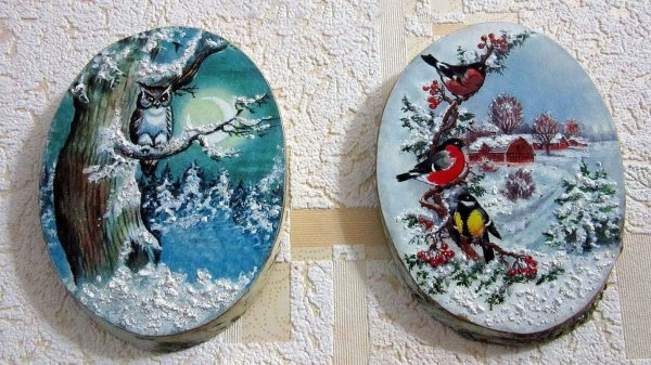 Роспись на срезе дерева