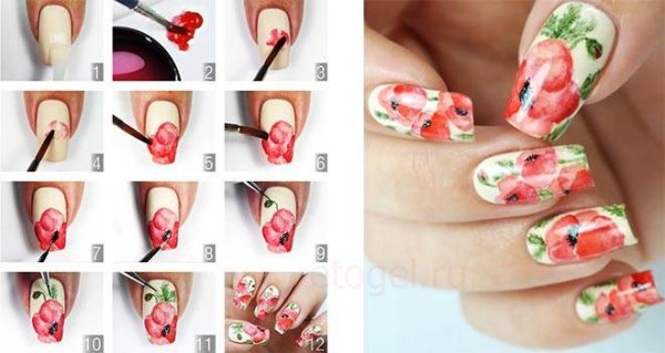 Рисунки на ногтях акриловыми красками пошагово