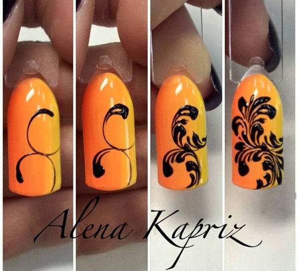Оранжевый маникюр с вензелями