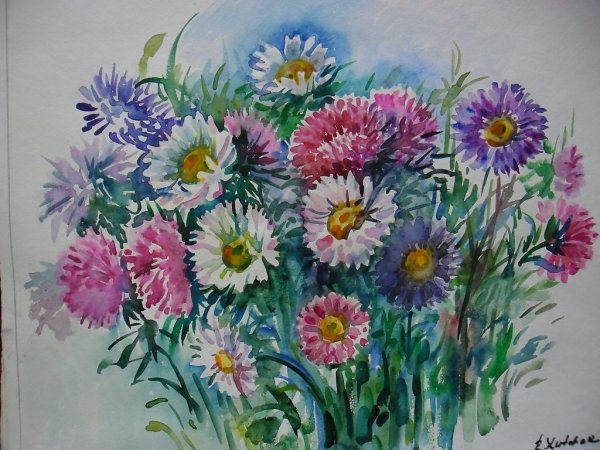 Астры акриловыми красками