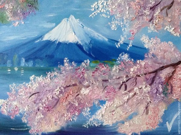 Горы в Японии Фудзияма и Сакура картина маслом