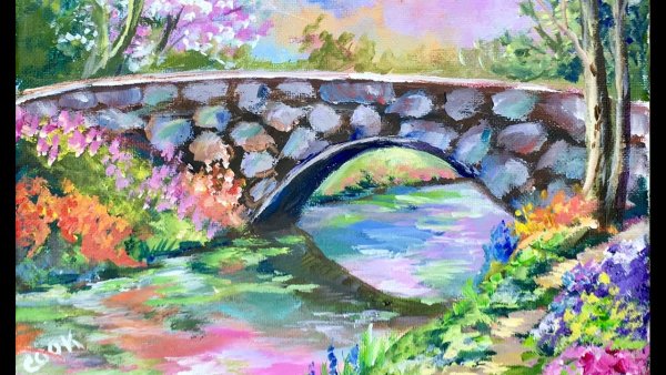 Пейзаж с мостом гуашью
