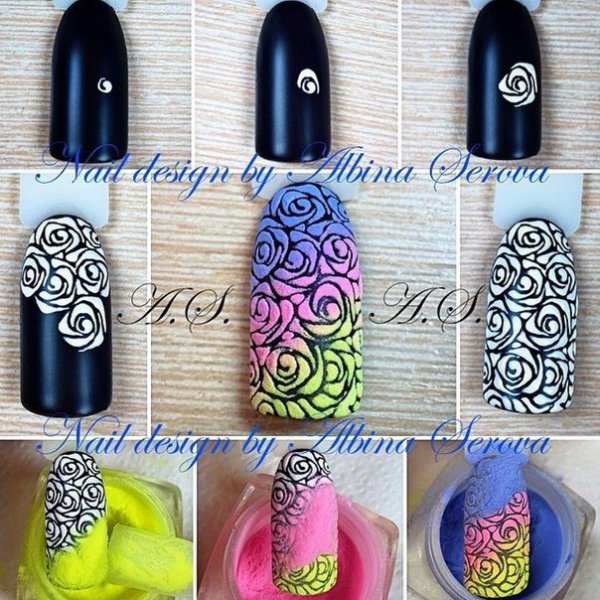 Дизайн ногтей с пигментами цветными пошагово