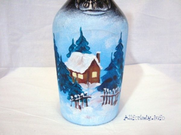 Роспись бутылок акриловыми красками домики
