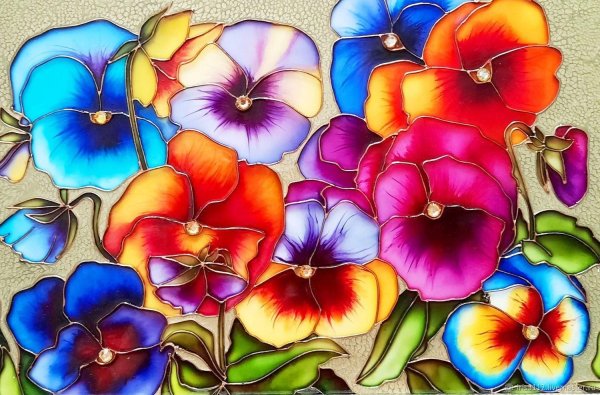 Витражная роспись Анютины глазки