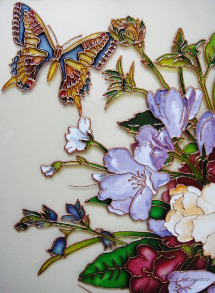 Витражная роспись по стеклу цветы