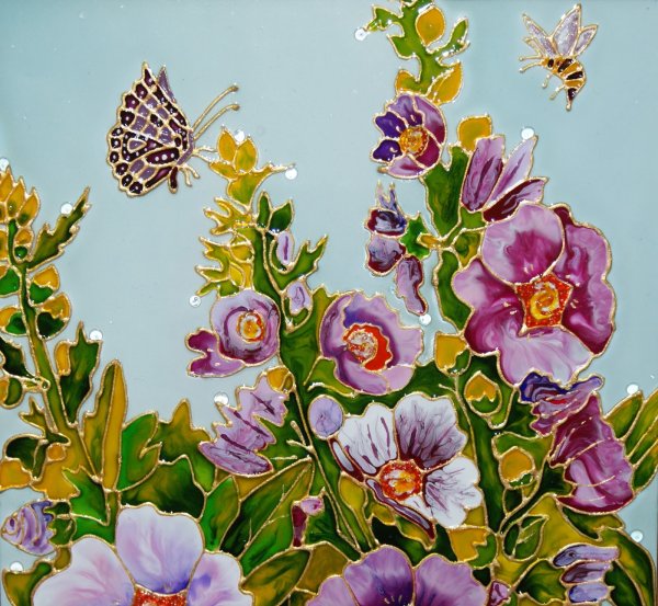 Витражная роспись по стеклу цветы