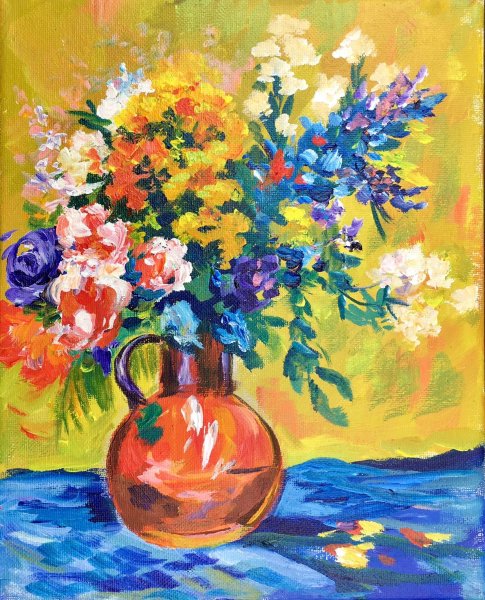 Цветы в вазе рисунок акрилом