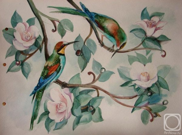 Стилизованные цветы с птицей