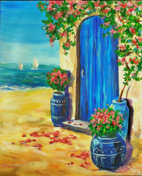 Домик у моря гуашью