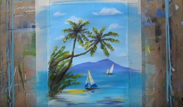 Морской пейзаж на стене акриловыми красками