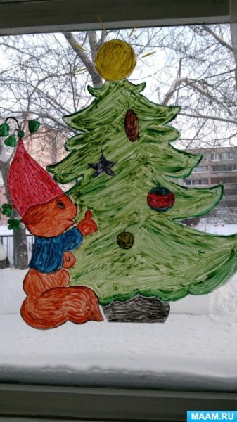 Елка на окне гуашью