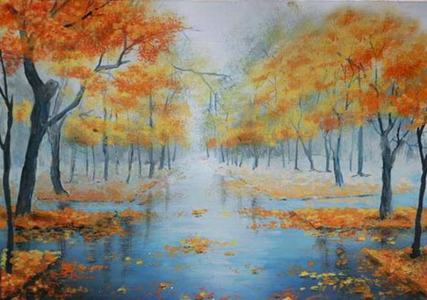 Осенняя аллея пейзаж гуашью