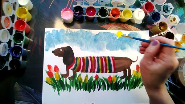 Собачка гуашью для детей