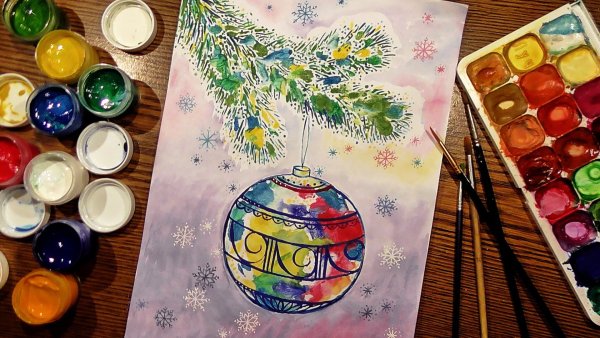 Рисование красками новогодней игрушки