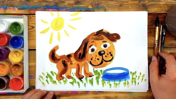 Рыба кит папа рисует красками