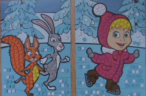 Новогодняя Маша и медведь на окнах гуашью