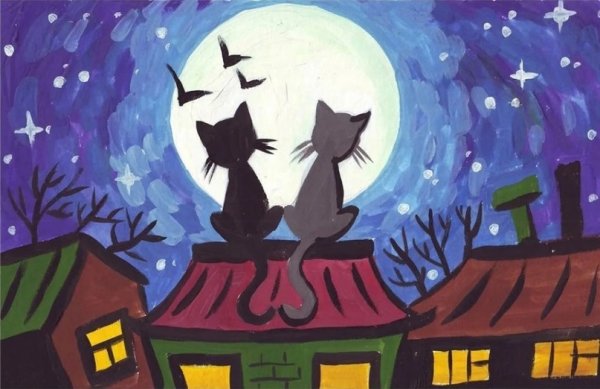 Кот на крыше ночью