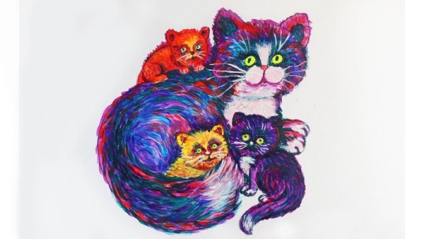 Кошка с котятами гуашью