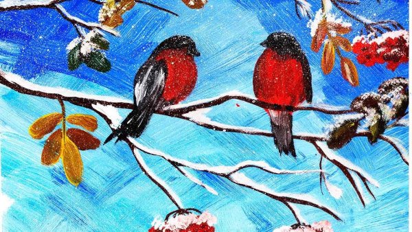Снегирь на ветке гуашью