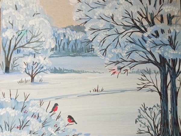 Пейзаж гуашью зима