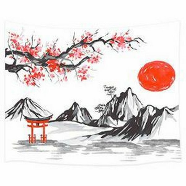 Японская живопись Суми-э Сакура традиционная гора