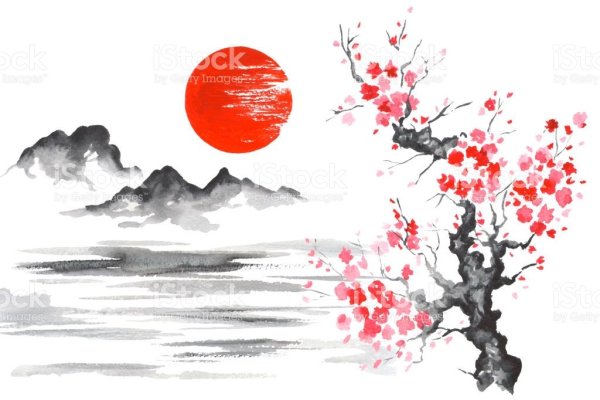 Японская традиционная Суми-э живопись. Гора Фудзи, Сакура