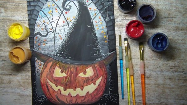 Тыква на Хэллоуин рисунок красками