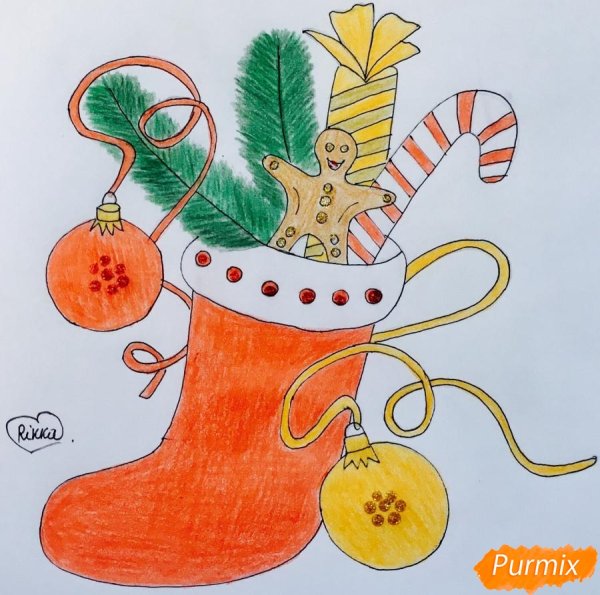 Новогодний носок рисунок карандашом цветной