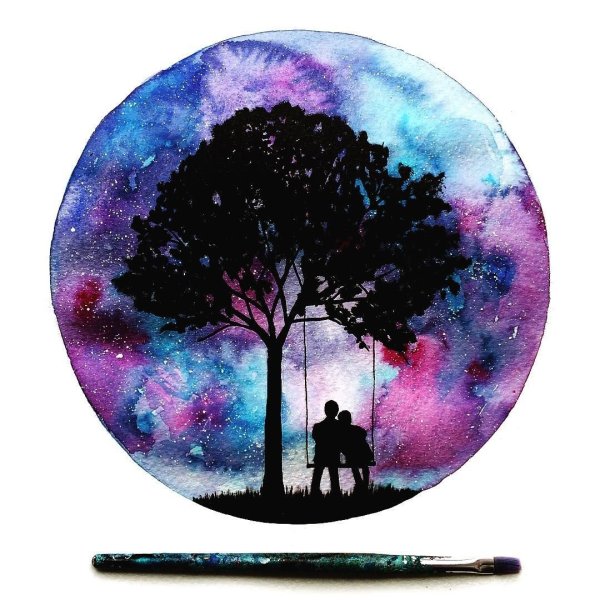 Пейзаж в круге акварелью