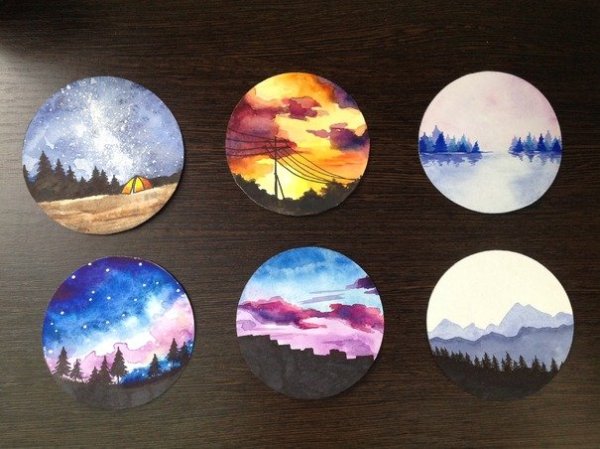 Пейзаж в круге акварелью