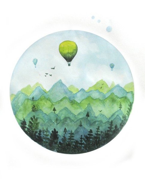 Акварельный пейзаж в круге