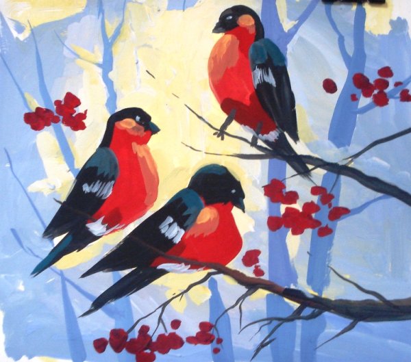 Снегирь на ветке гуашью