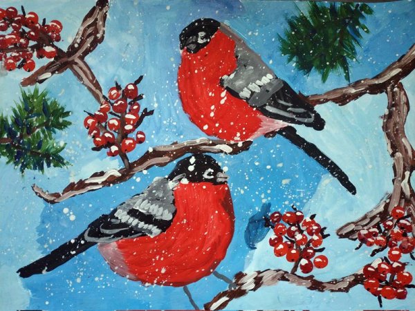 Снегирь гуашью