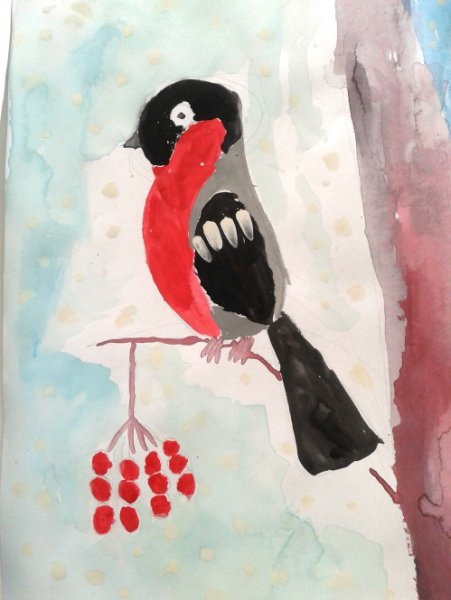 Снегирь на ветке гуашью