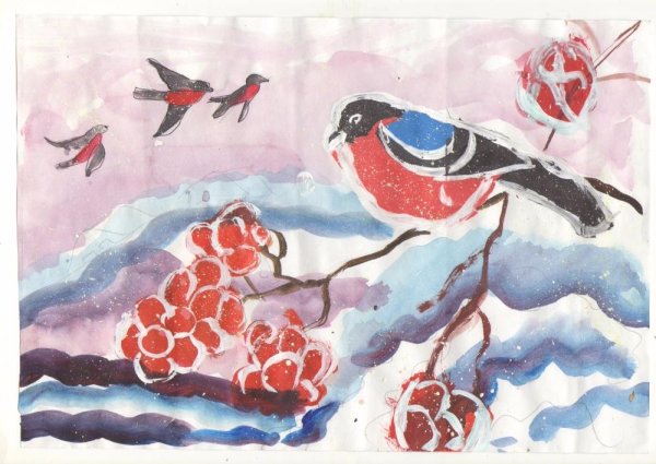 Снегирь на ветке рябины