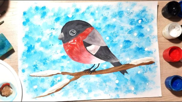 Рисование гуашью Снегири на ветке рябины