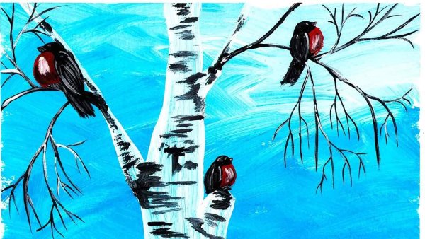 Правополушарное рисование Снегирь на ветке