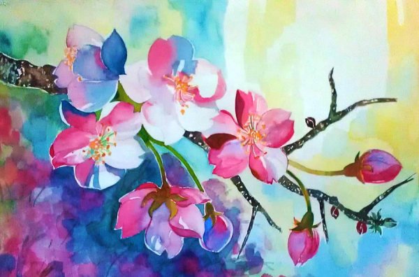 Цветущая ветка гуашь